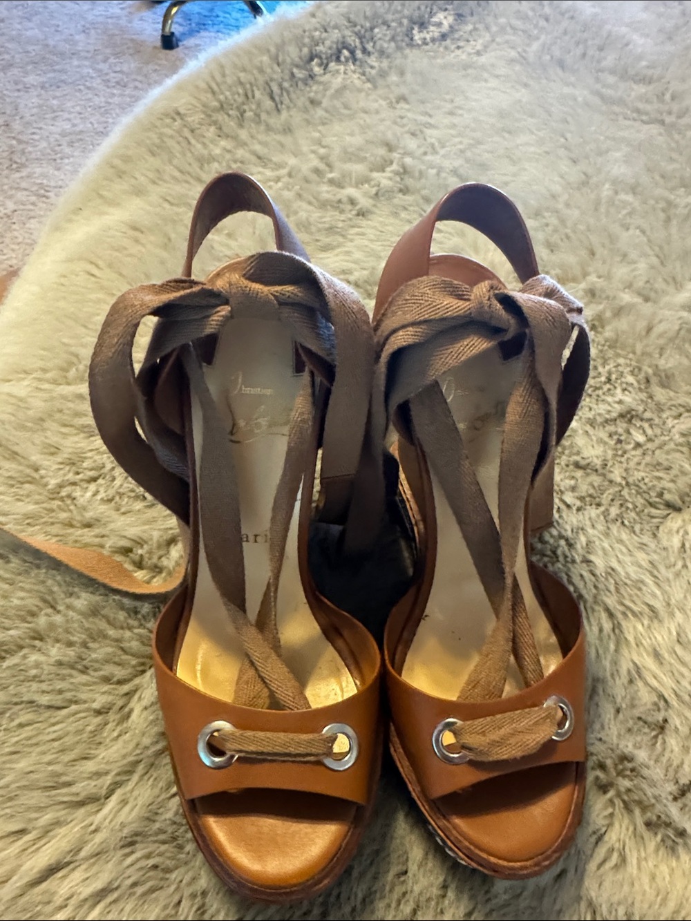 Christian Louboutin Brown Leather Tie-Ankle Wedge Sandals